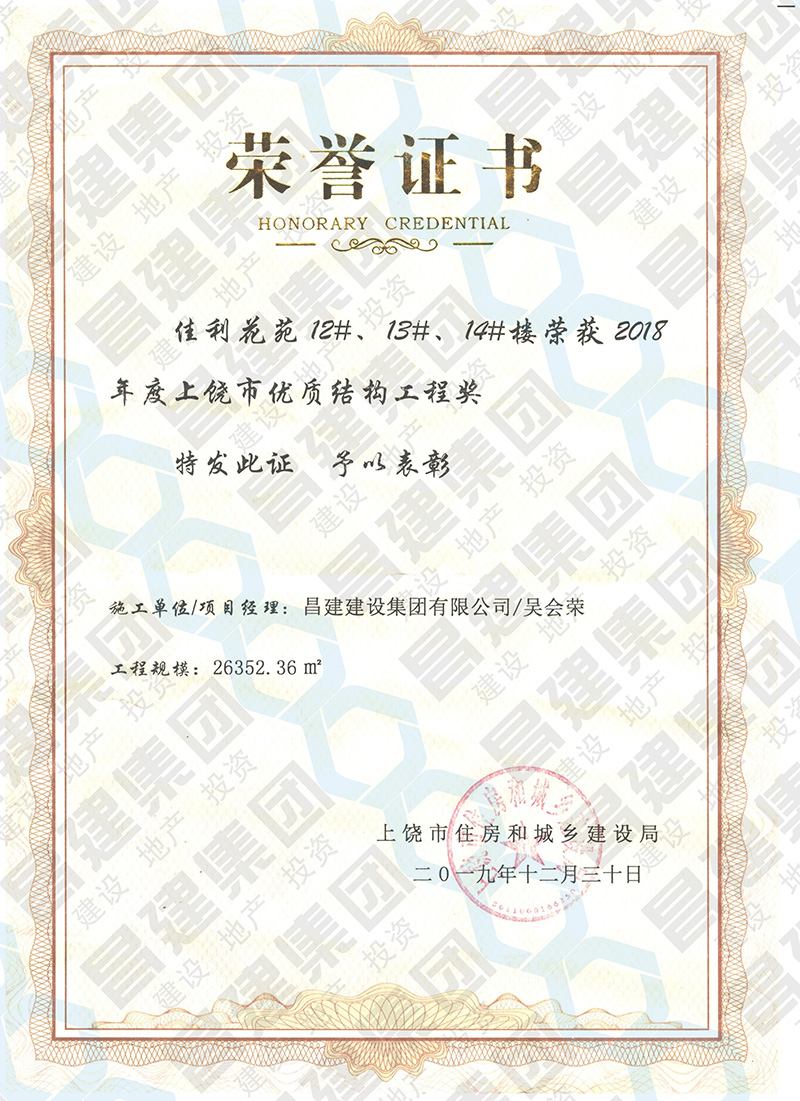 喜讯！昌建集团佳利花苑12#、13#、14#楼获评“2018年度上饶市优质结构工程奖”