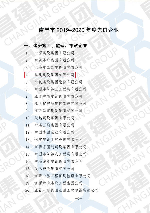 南昌市2019-2020年度先进企业